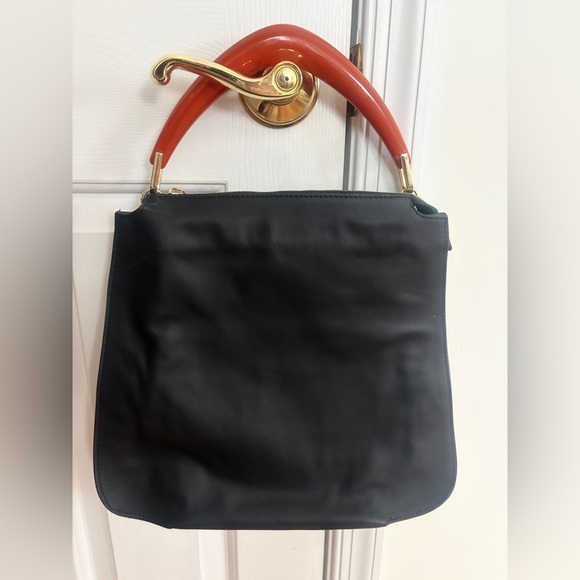 NWOT Made in Italy Black Leather Acetate Handled Satchel Top Handled Bag Purse - Picture 11 of 11